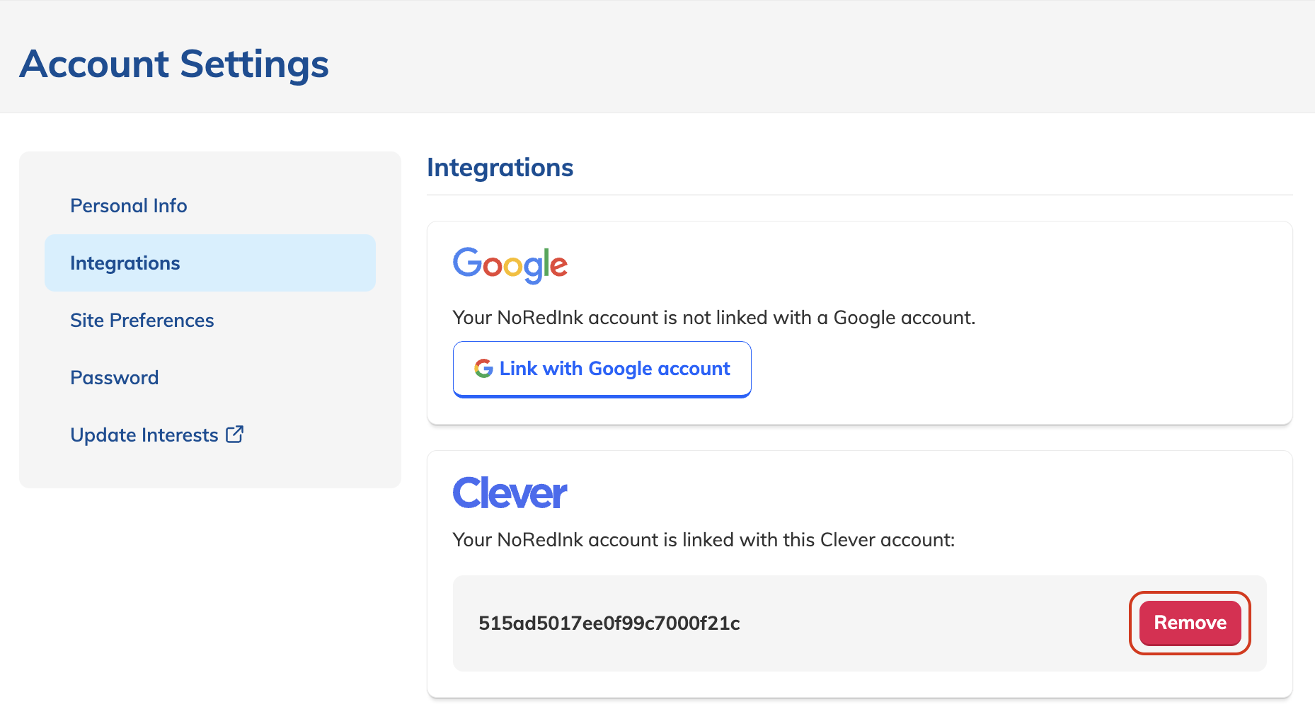 Remove button highlighted next to a Clever account.png