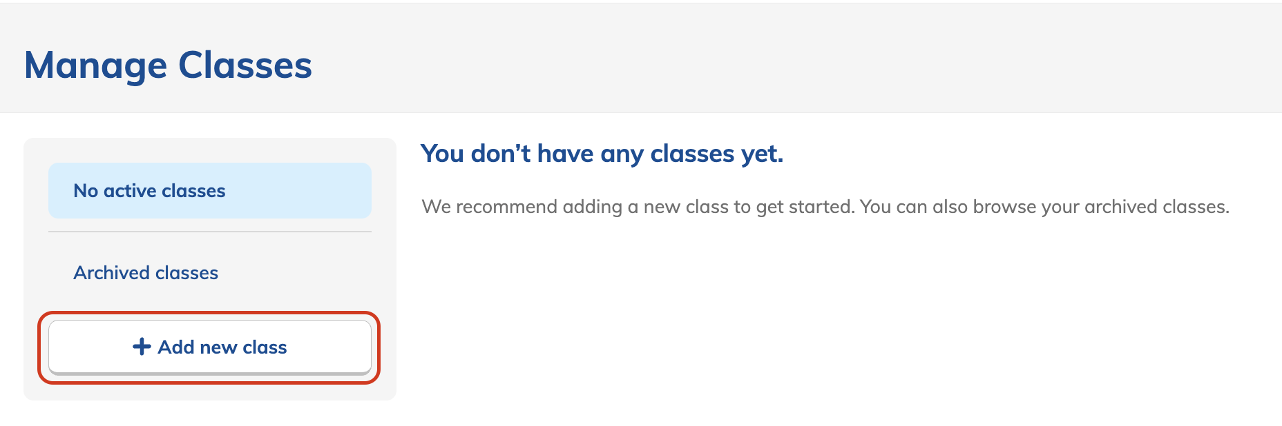 Add new class button highlighted on the Manage Classes page.png
