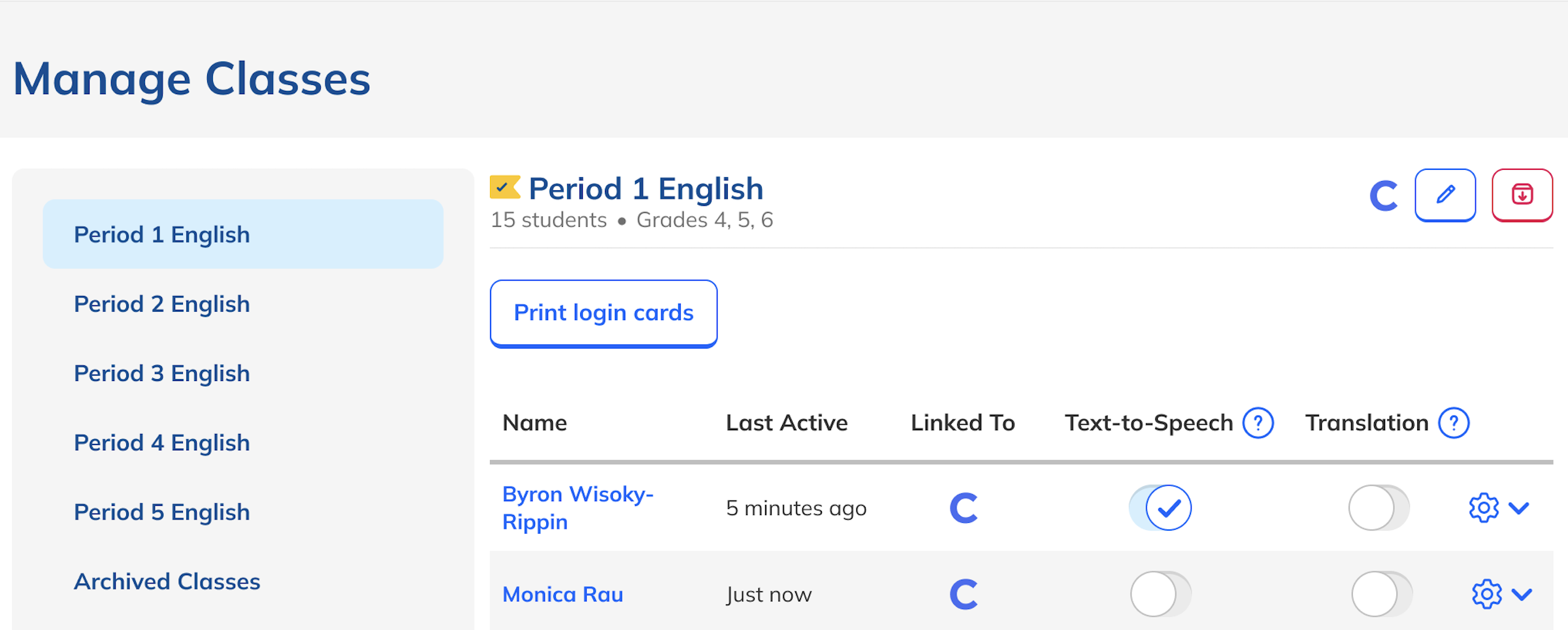 Manage Classes page with Clever linked students.png