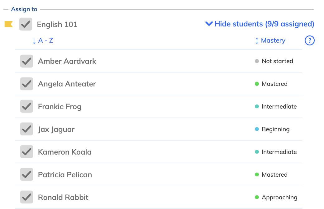 Student mastery shown on the assignment form.png