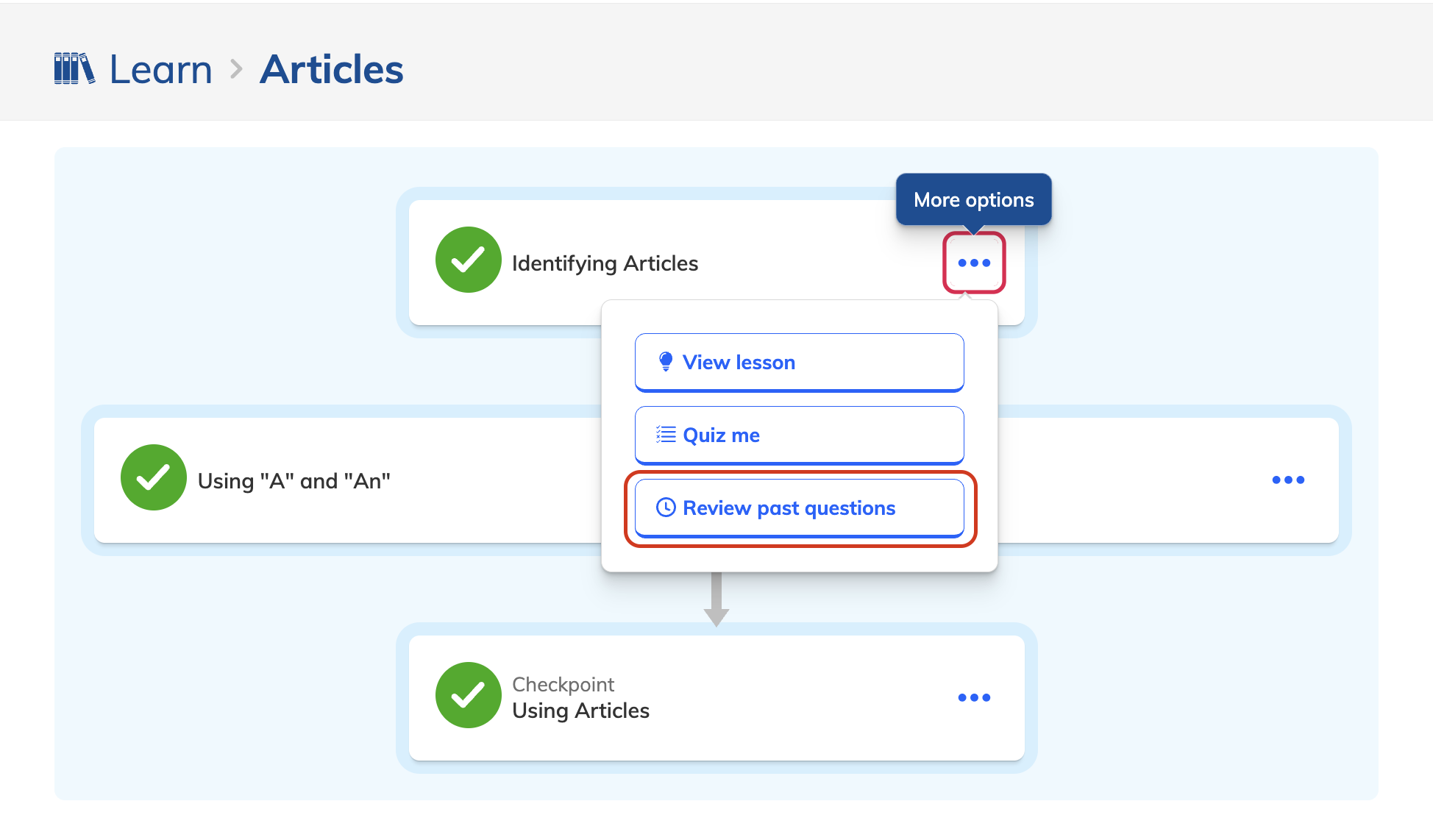 Review past questions on Learn page.png