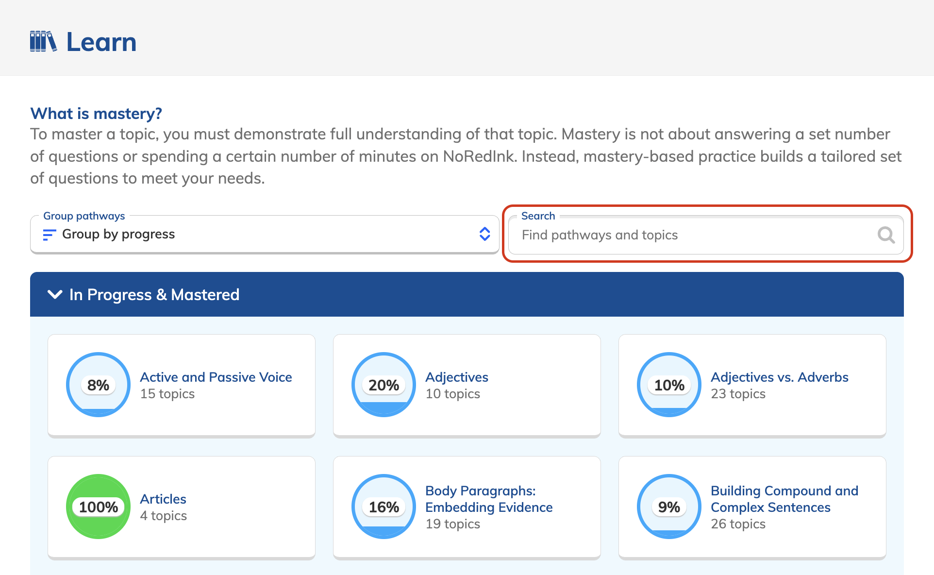 Search bar on the Learn page.png