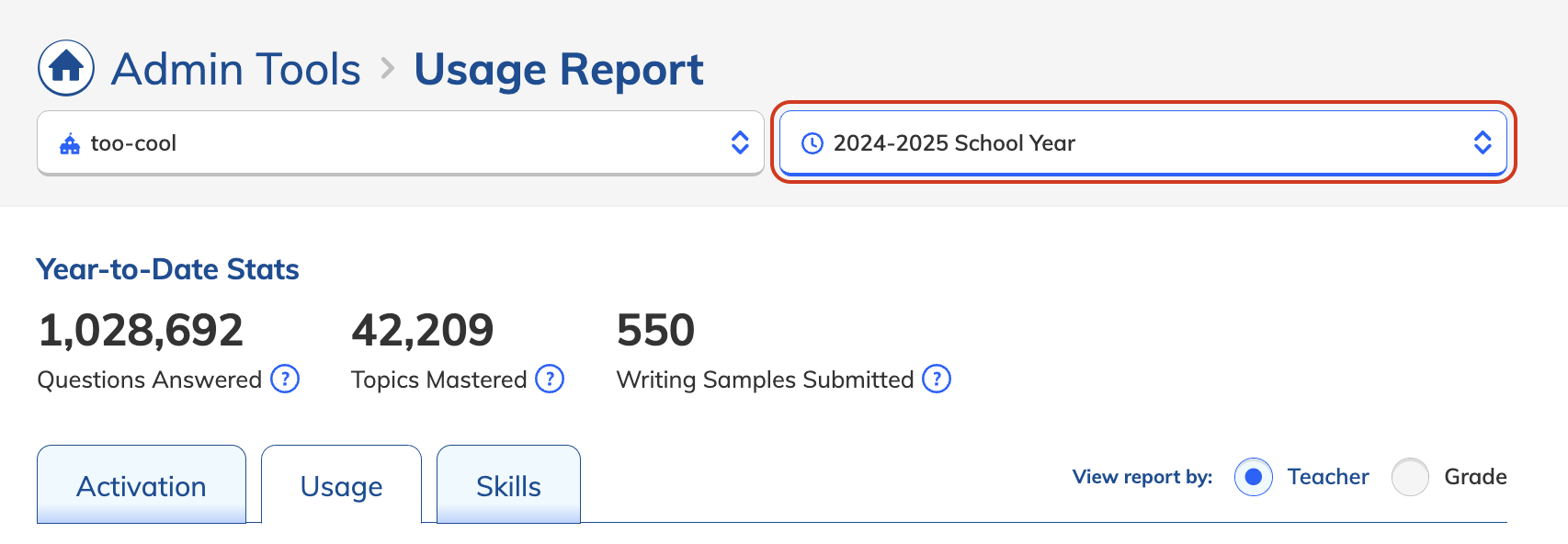School year drop-down in the Usage report.png